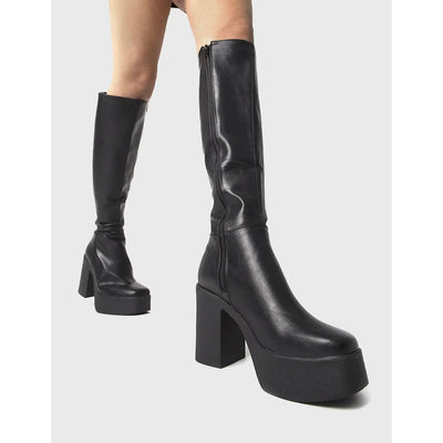 Wide Calf Black Knee High Boots for Women - Platform Faux Leather Long Boots