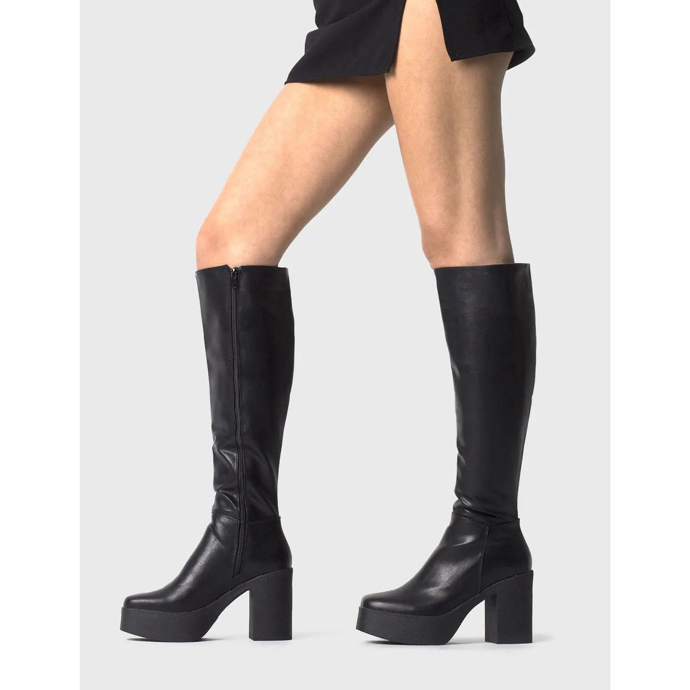 Wide Calf Black Knee High Boots for Women - Platform Faux Leather Long Boots