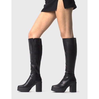 Wide Calf Black Knee High Boots for Women - Platform Faux Leather Long Boots