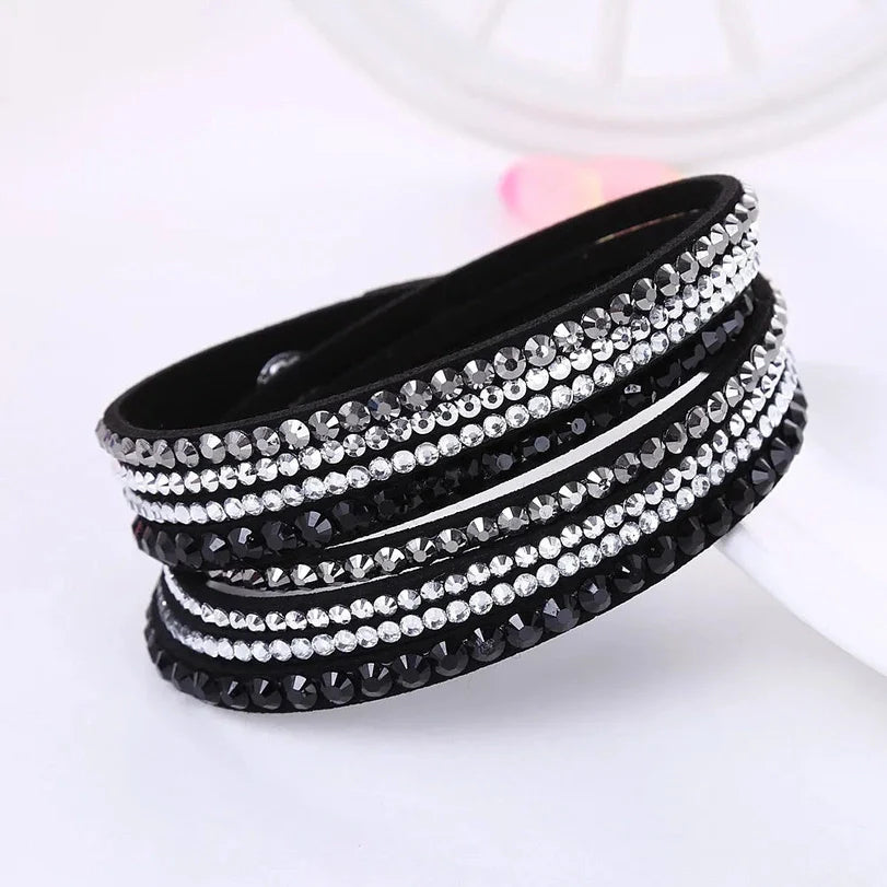 Women's Black Crystal Wrap Bracelet with Rhinestone Design – Adjustable Layered Accessory