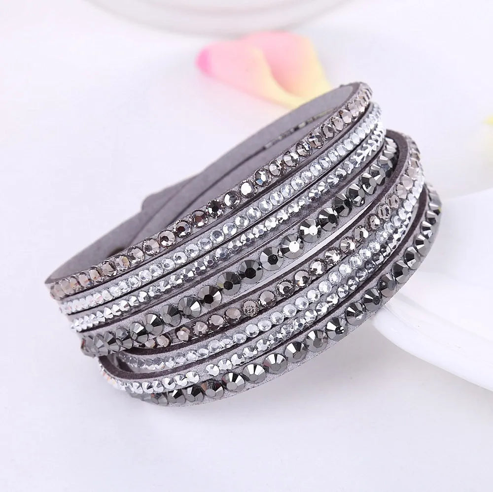 Women's Black Crystal Wrap Bracelet with Rhinestone Design – Adjustable Layered Accessory