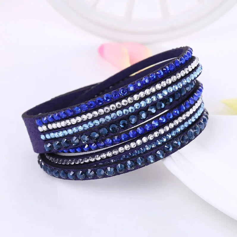 Women's Black Crystal Wrap Bracelet with Rhinestone Design – Adjustable Layered Accessory