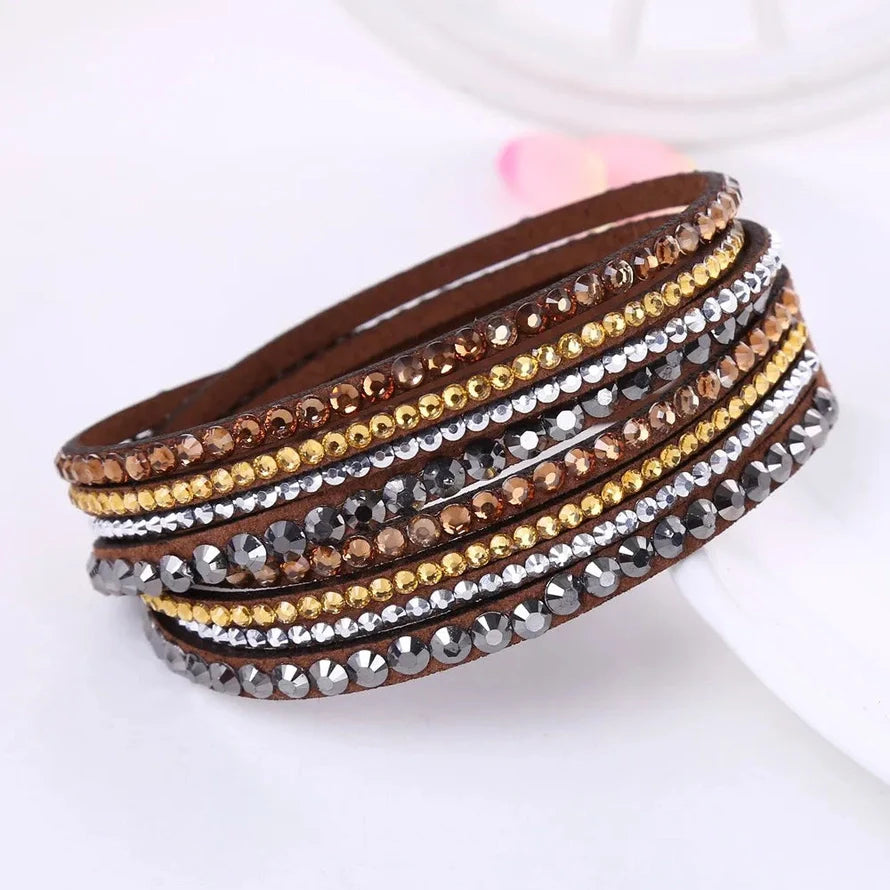 Women's Black Crystal Wrap Bracelet with Rhinestone Design – Adjustable Layered Accessory