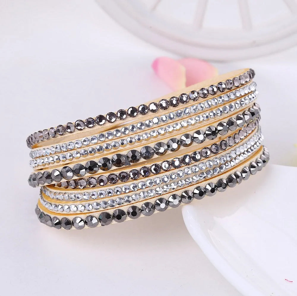 Women's Black Crystal Wrap Bracelet with Rhinestone Design – Adjustable Layered Accessory