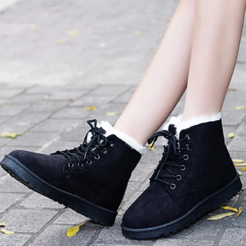 Women's Lace-Up Black Ankle Winter Boots with Warm Lining & Non-Slip Sole