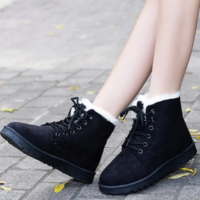 Women's Lace-Up Black Ankle Winter Boots with Warm Lining & Non-Slip Sole